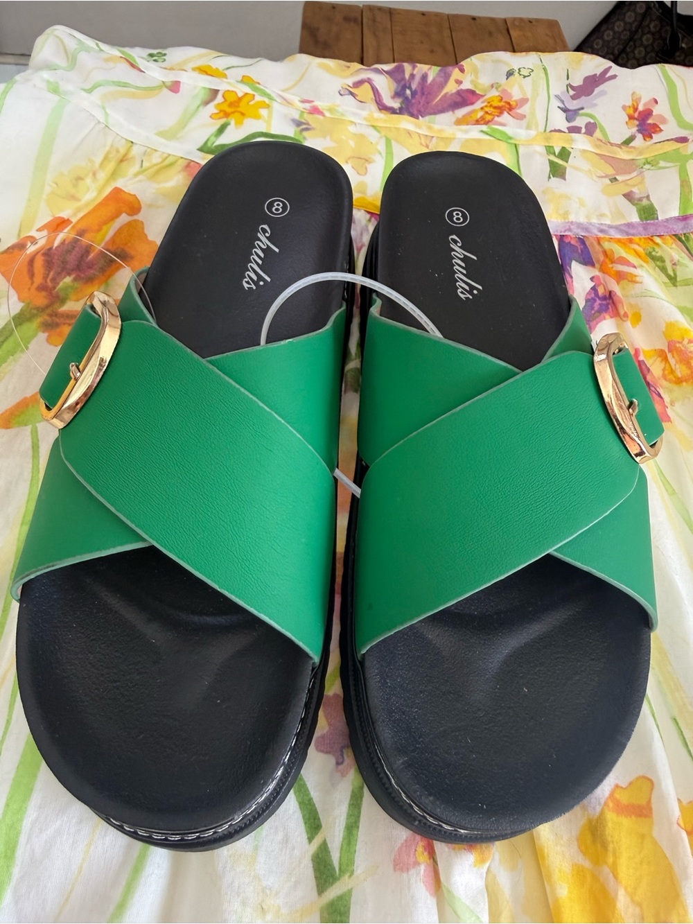 Chulia Green Cross-Band Slide Sandals with Gold Buckle - Women